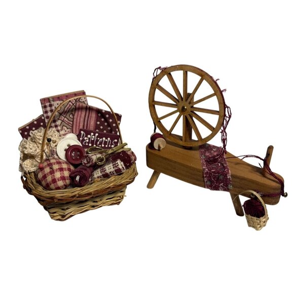 Miniature Spinning Wheel & Sewing Basket Set Wooden Craft Room Dollhouse Gift - Picture 1 of 8
